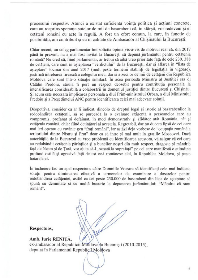 Scrisoare, Iurie Reniță, Redobândirea Cetățeniei române