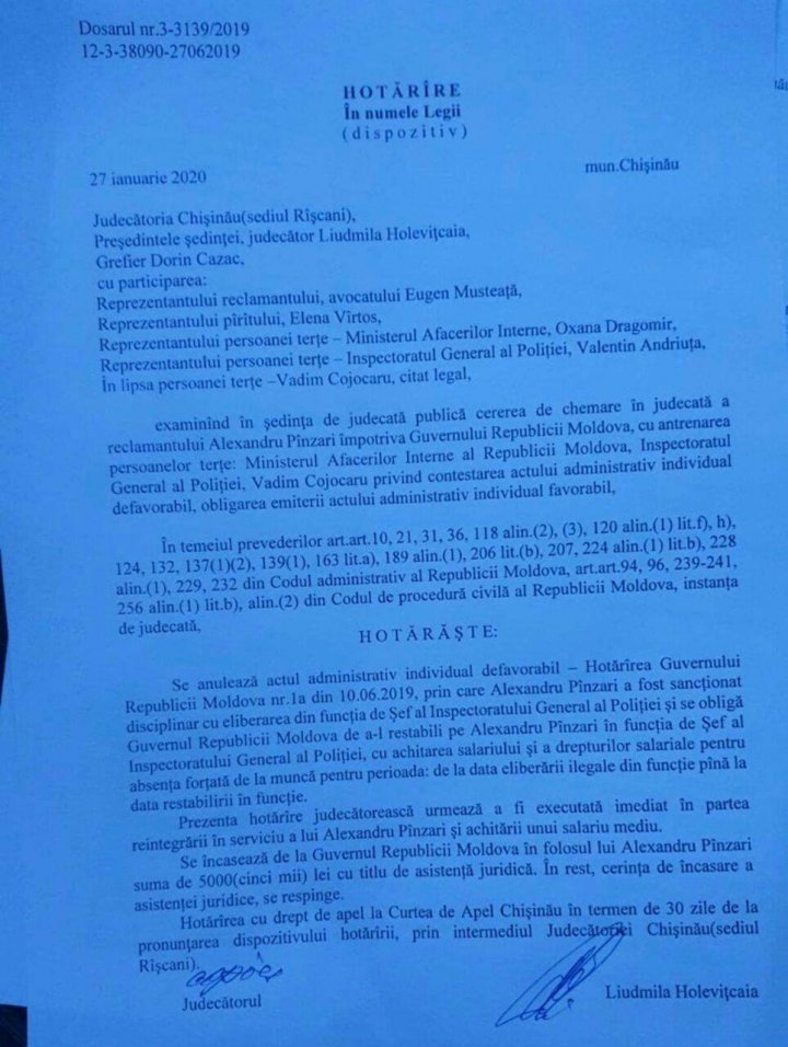 Decizie de Judecată, Pânzari va fi restabilit în funcție