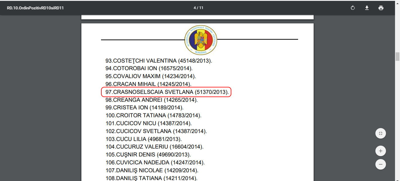 Ordinul prin care Crasnoselscaia Svetlana și-a redobândit cetățenia română Ordinul prin care Crasnoselscaia Svetlana și-a redobândit cetățenia română