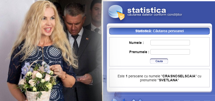 Potrivit datelor Agenției Servicii Publice, în Republica Moldova există o singură persoană cu numele Crasnoselscaia Svetlana Potrivit datelor Agenției Servicii Publice, în Republica Moldova există o singură persoană cu numele Crasnoselscaia Svetlana