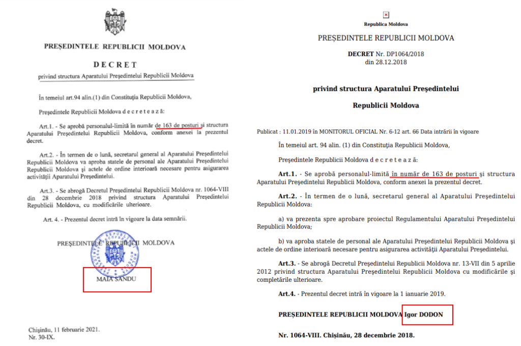 DOC // Maia Sandu păstrează numărul-limită de 163 de angajați ai Președinției, conform decretului lui Igor Dodon